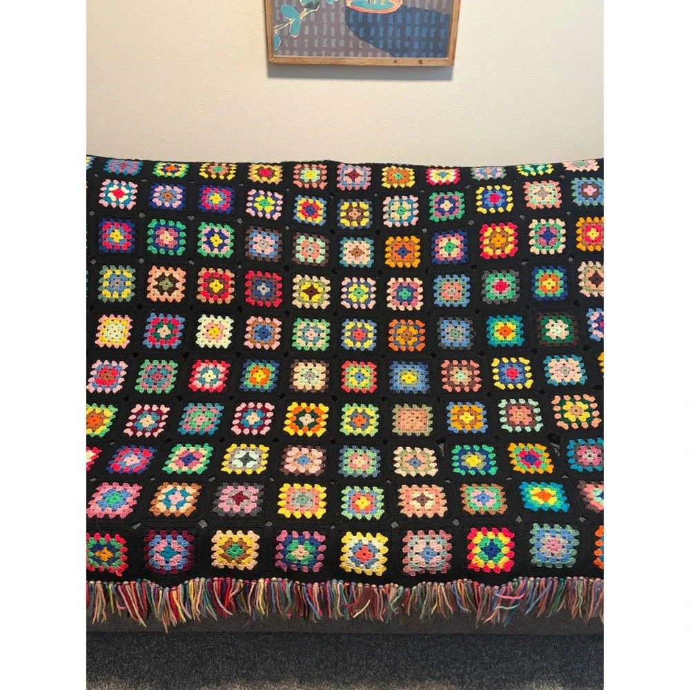 Granny Square Afghan Hand Crochet Multi-Color Black Throw Blanket 55